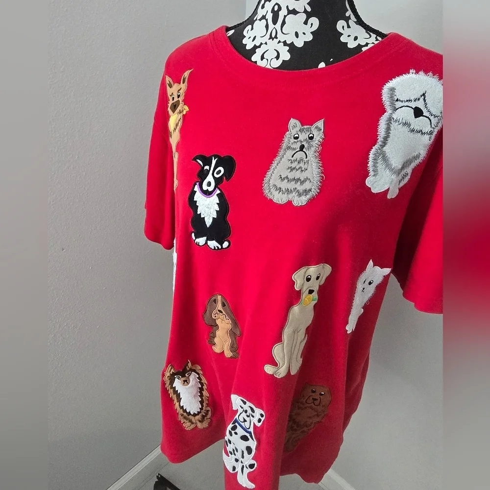 Bechamel Womens T-Shirt Size L Red Short Sleeve Dog Puppies Tee 100% Cotton.